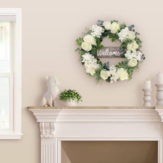 26" Artificial Peony, Hydrangea & Rose Floral Spring Wreath with Wood Welcome Sign